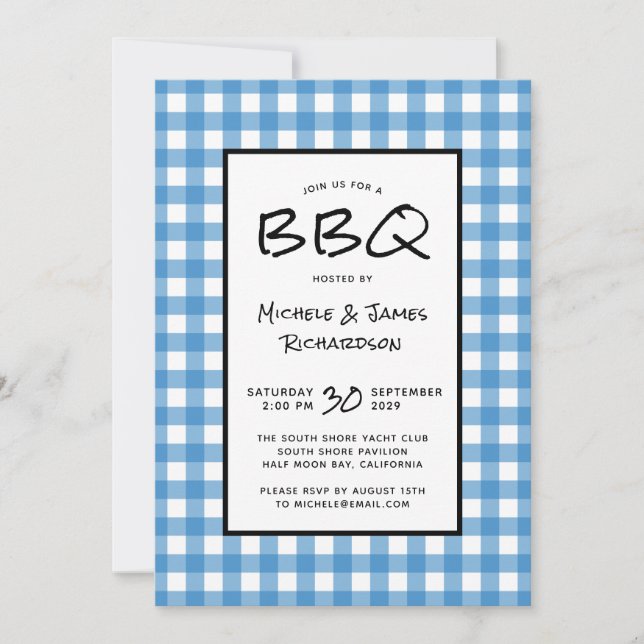 Invitation Fête de pique-nique BBQ à carreaux bleus et blancs (Devant)