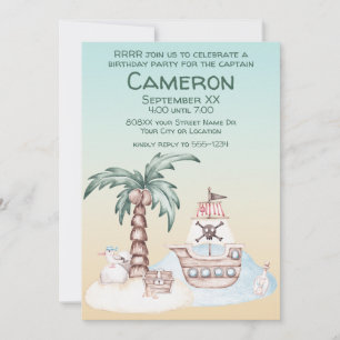Invitation Fête de pirates illustrée et charmante au coucher