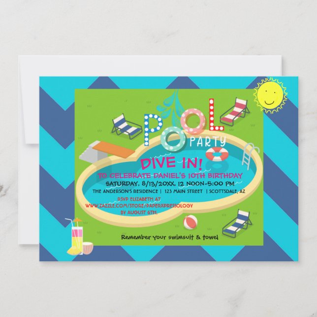 Invitation Fête de Piscine Amusement d'Été Anniversaire Adult (Devant)