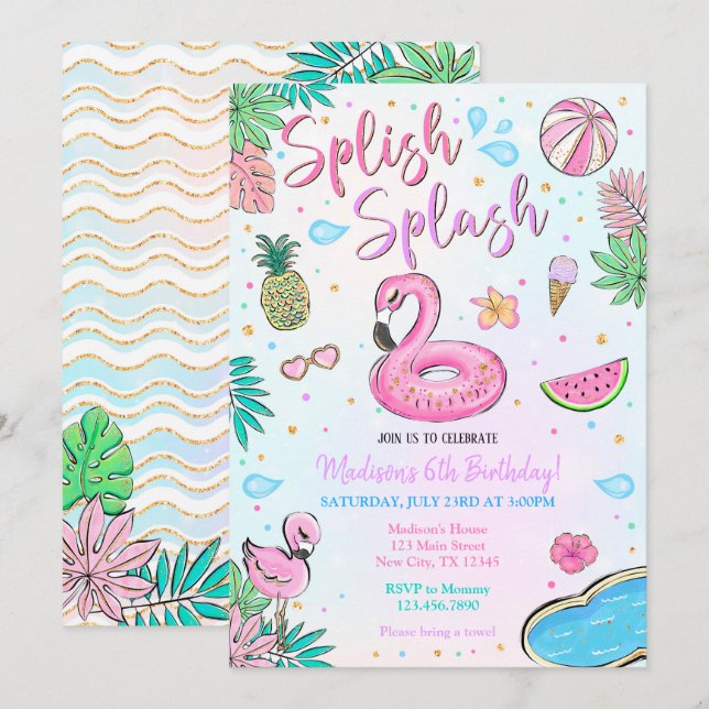 Invitation Fête de Piscine aux Flamants Roses (Devant / Derrière)