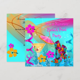 Invitation Fête de piscine de plage Été Rose Chaud Turquoise