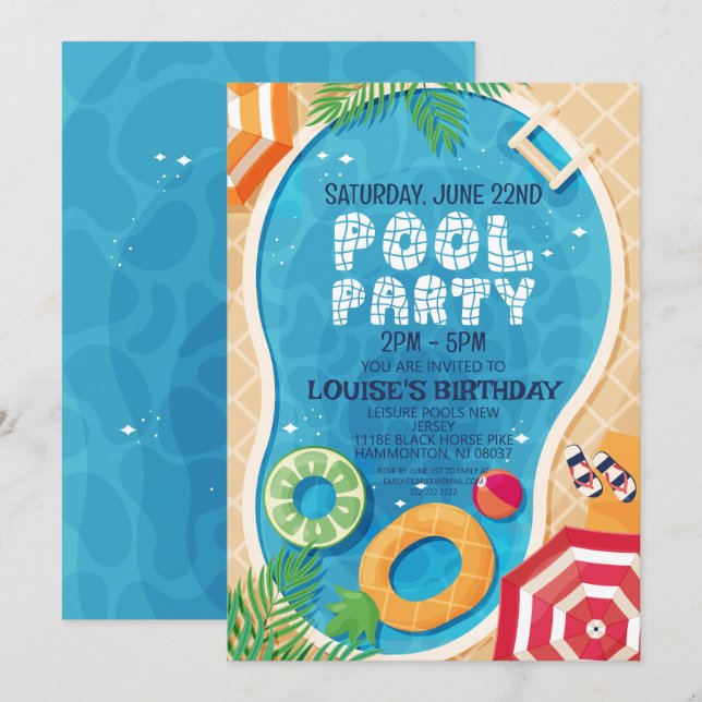 Invitation Fête de piscine d'été Anniversaire (Devant / Derrière)