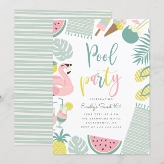 Invitation Fête de piscine d'été moderne Script Sweet 16 Anni
