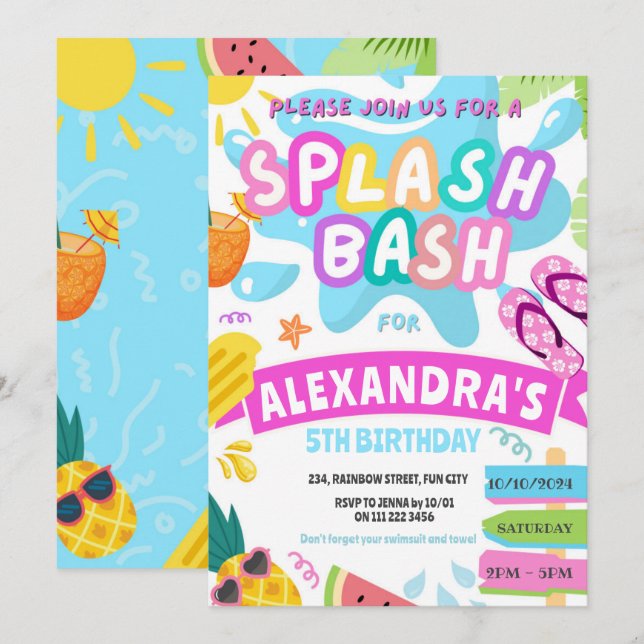 Invitation Fête de Piscine Fille Rose Été Éclaboussure Bash P (Devant / Derrière)