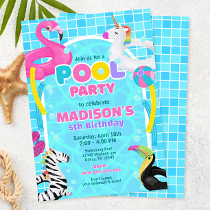 Invitation Fête de Piscine Flamant Licorne Flotteur Fille Ann