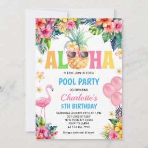 Invitation Fête de Piscine Flamant Rose et Ananas Tropical Al