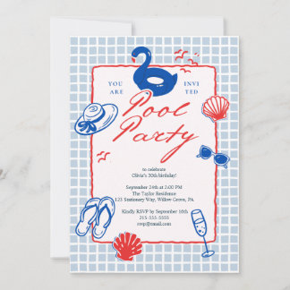 Invitation Fête de piscine illustrée ludique rouge bleu Été