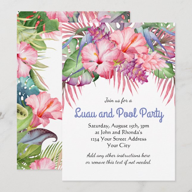 Invitation Fête de piscine Luau Floral Tropical Aloha (Devant / Derrière)