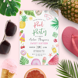 Invitation Fête de piscine moderne Summer Sweet 16 Anniversai