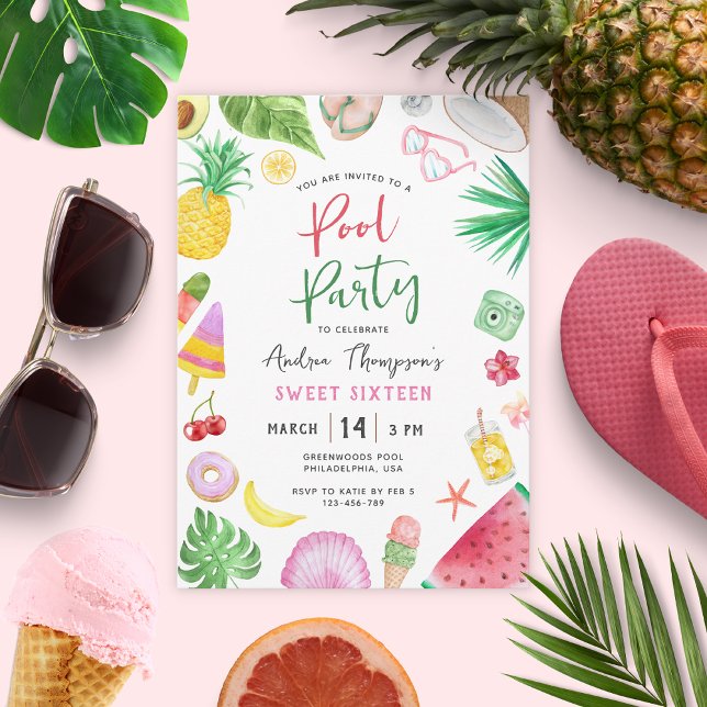 Invitation Fête de piscine moderne Summer Sweet 16 Anniversai (Créateur téléchargé)