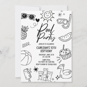 Invitation Fête de Piscine, Moderne, Tout Âge, Fête de Plage,