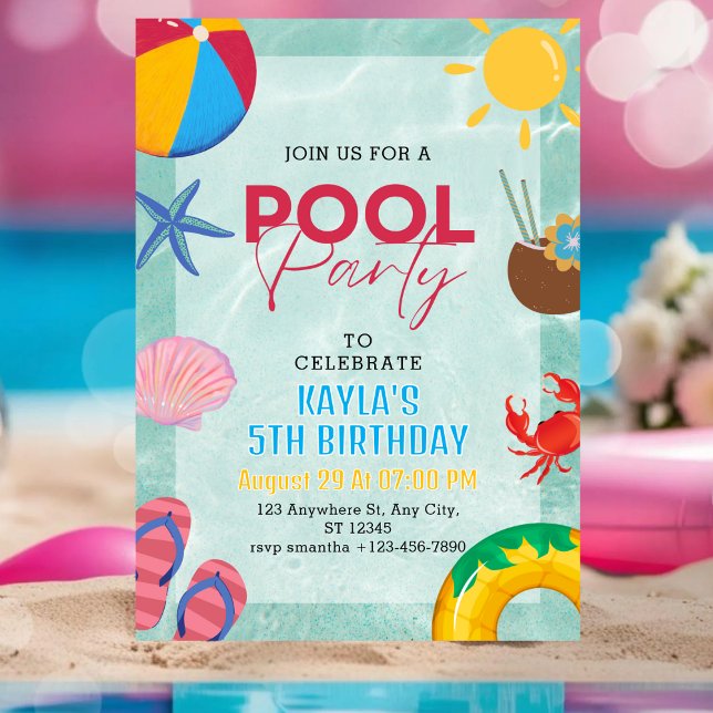 Invitation Fête de piscine personnalisée Anniversaire Filles  (Créateur téléchargé)