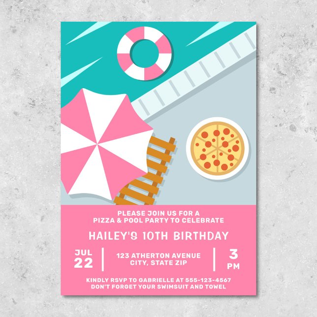 Invitation Fête de piscine Pizza Pool Party Piscine Rose Mode (Pink invitation for a pizza & pool party)