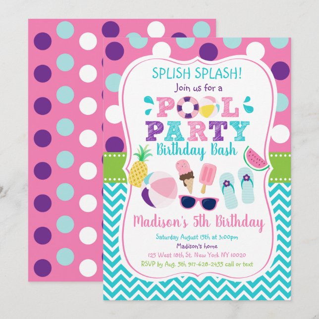Invitation Fête de piscine pour filles mignonnes Anniversaire (Devant / Derrière)