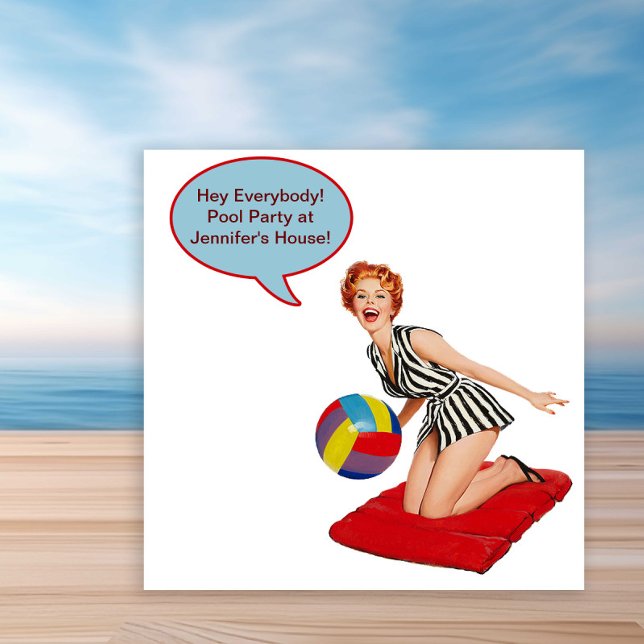 Invitation Fête de piscine rétro avec des ballons (Fun vintage retro pool party invitation. Simply add your event details to the front and back.)
