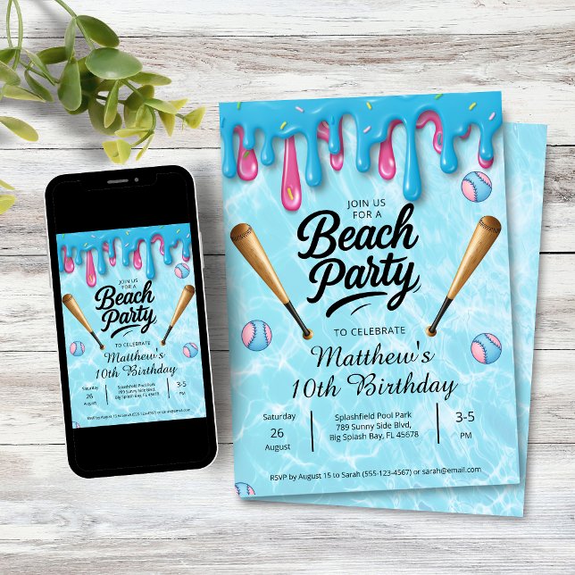 Invitation Fête de plage Baseball Drip Enfants / Adolescents (Baseball Drip Birthday Beach Party Invitation
)