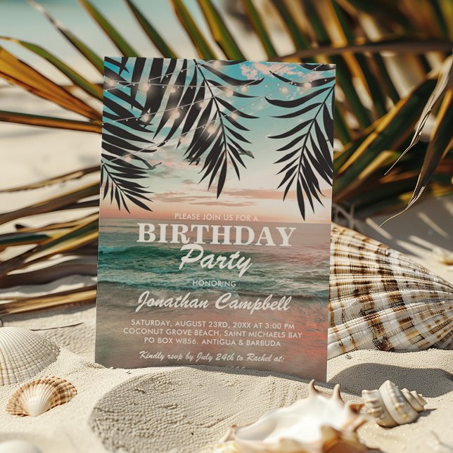Invitation Fête de plage d'anniversaire tropical | Chaîne de  (Créateur téléchargé)
