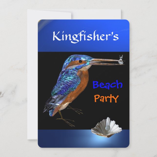 Invitation FÊTE DE PLAGE KINGFISHER, Bleu, Noir (Devant)