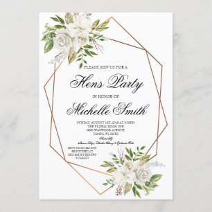 Invitation Fête de Poules Blanche Bohème Florale Géométrique