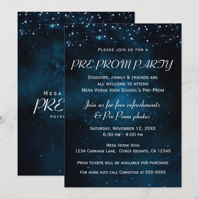 Invitation Fête de pré-bal enchantée ciel étoilé (Devant / Derrière)