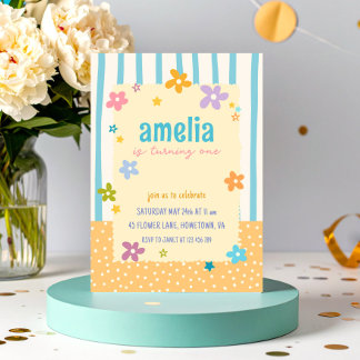 Invitation Fête de premier anniversaire bébé fleurs rayures c