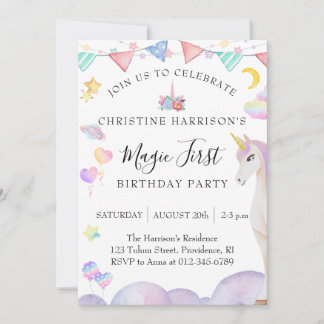Invitation Fête de premier anniversaire de fille Licorne Magi