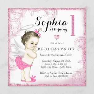 Invitation Fête de premier anniversaire de filles Ange Rose