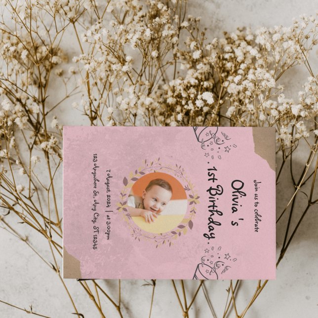 Invitation Fête de premier anniversaire élégante et rose (Pink Elegant Cute 1st Birthday Party Invitation
)