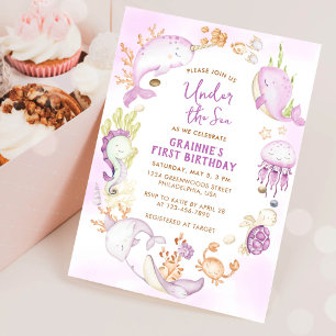 Invitation Fête de premier anniversaire fille rose sous la me