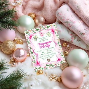 Invitation Fête de pyjama de Noël Coquette Rose et Vert Cozy