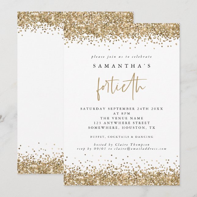 Invitation Fête de quarantième anniversaire Glam Gold Glitter (Devant / Derrière)