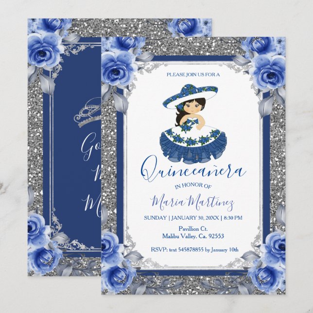 Invitation Fête de Quince ans de roses bleu royal argenté (Devant / Derrière)