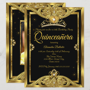 Invitation Fête de Quinceanera 15 ans Photo Or Noir