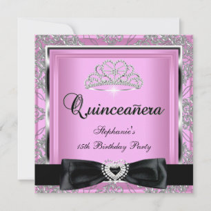Invitation Fête de Quinceanera 15 ans Rose Damassé Argent Noi