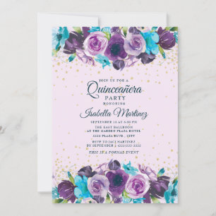Invitation Fête de Quinceañera à paillettes dorées et florale