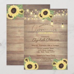 Invitation Fête de Quinceañera aux tournesols, guirlandes lum