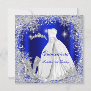Invitation Fête de Quinceañera Bleu Royal Flocons de Neige Ar