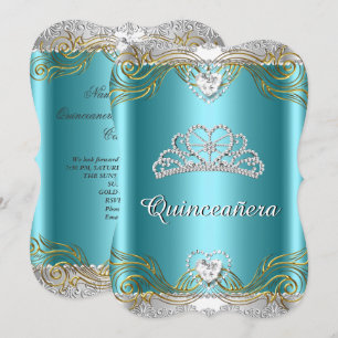 Invitation Fête de Quinceanera Bleu Turquoise Argent Or 2