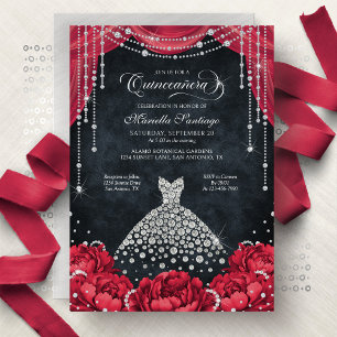 Invitation Fête de Quinceañera florale diamantée rouge et noi