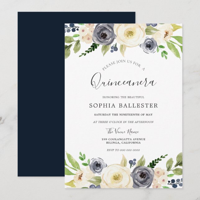 Invitation Fête de Quinceanera Florale Marine & Champagne Bla (Devant / Derrière)