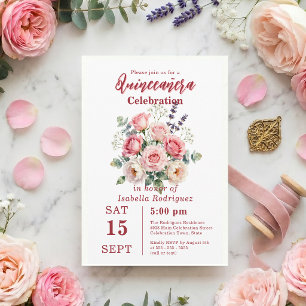 Invitation Fête de Quinceañera florale rose pastel à l'aquare