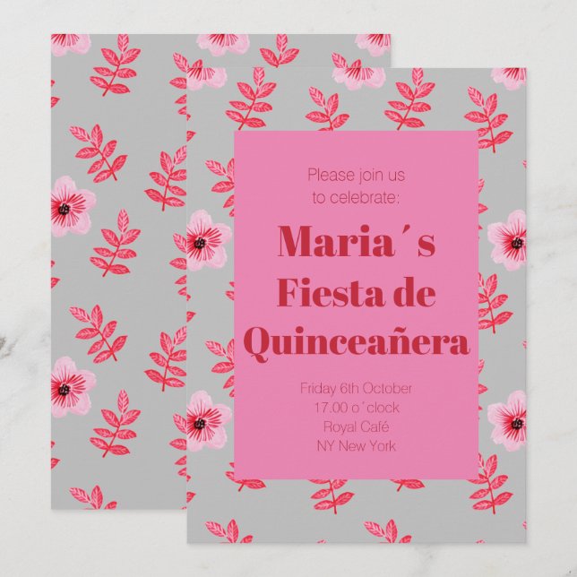 Invitation Fête de Quinceañera Flores Acuarela Anniversaire (Devant / Derrière)