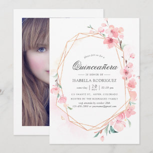 Invitation Fête de Quinceañera géométrique à fleurs de cerisi