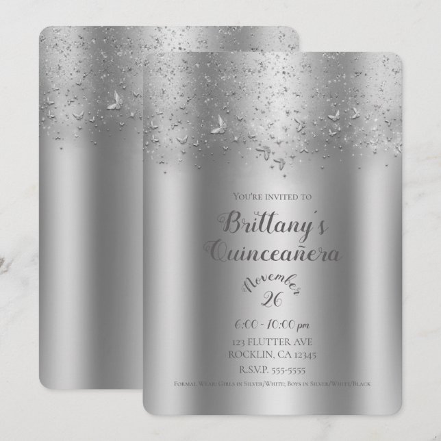 Invitation Fête de Quinceañera Papillon scintillant d'argent (Devant / Derrière)