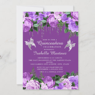 Invitation Fête de Quinceañera papillons argent fleurs violet