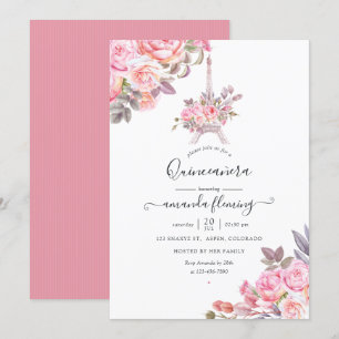 Invitation Fête de Quinceañera Paris Floral Aquarelle Rose