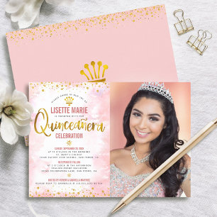 Invitation Fête de Quinceañera photo pailletée rose doré