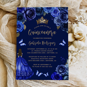 Invitation Fête de Quinceañera Princesse Fleurie Bleu Royal F