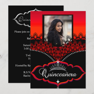 Invitation Fête de Quinceanera Rouge Noir Dentelle Fille Phot