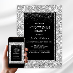 Invitation Fête de réchauffement ménager en argent noir